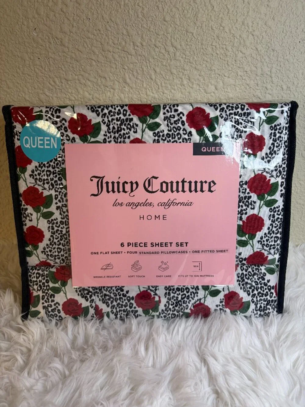 Juicy Couture Queen Sheet Set Leopard Rose 6 Pc Bedding Home Decor NWT
